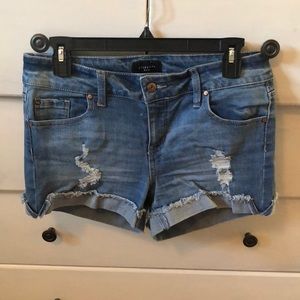 Distressed light wash denim shorts